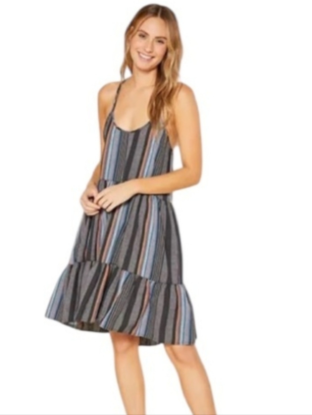 NWT Outerknown Cielo Multi Fes Stripe Tiered Babydoll Organic Cotton Dress Sz XS